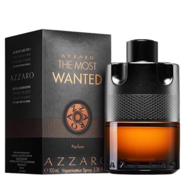 A bottle of Azzaro Most Wanted Perfume, 100 ml, with a bold, woody fragrance.