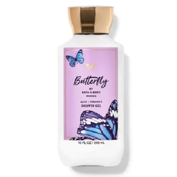 A bottle of Bath & Body Works Butterfly Shower Gel, 295 ml, with a floral fragrance.