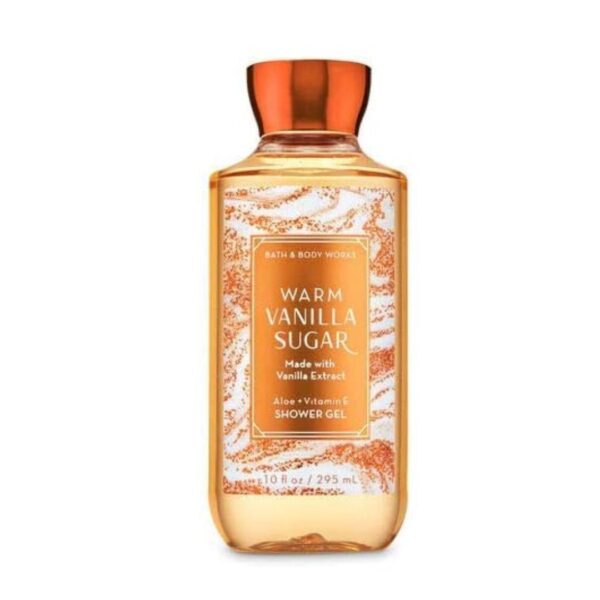 A bottle of Bath & Body Works Warm Vanilla Sugar Shower Gel, featuring a creamy, caramel-colored liquid and a label with a warm vanilla sugar design.