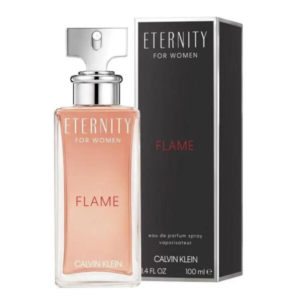 A bottle of Calvin Klein Eternity Flame For Women Eau De Parfum, 100 ml, with a warm, spicy fragrance.