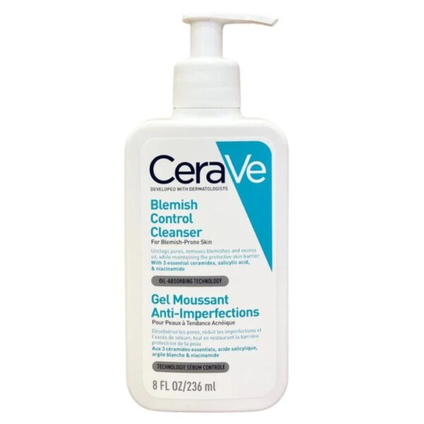 A blue plastic bottle containing Cerave Acne Control Cleanser, 236 ml.