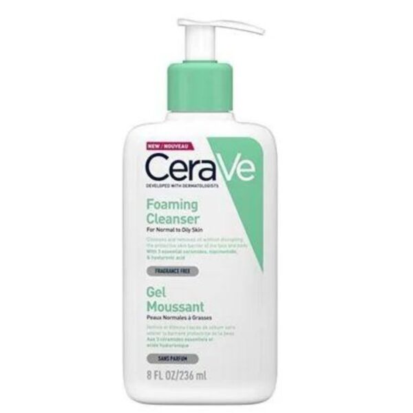 A white plastic bottle containing Cerave Foaming Cleanser, 236 ml.