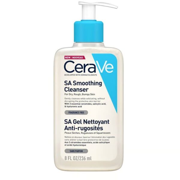 A blue plastic bottle containing Cerave SA Smoothing Cleanser, 236 ml.