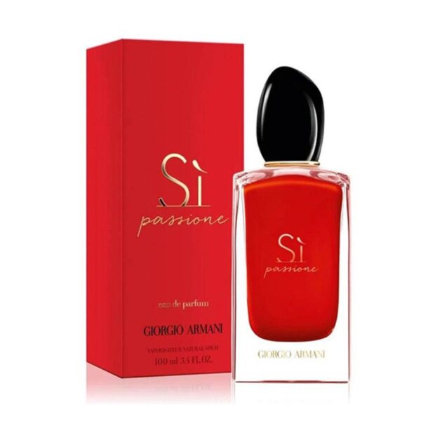 A glass perfume bottle with a pink liquid, featuring the Giorgio Armani Si Passione logo.