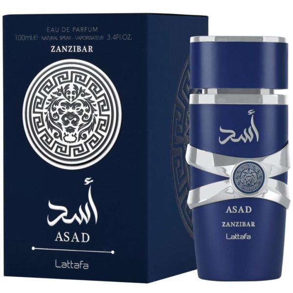 Lattafa Asad Zanzibar Eau de Parfum 100ml, a clear glass bottle with a gold cap and the Lattafa logo.