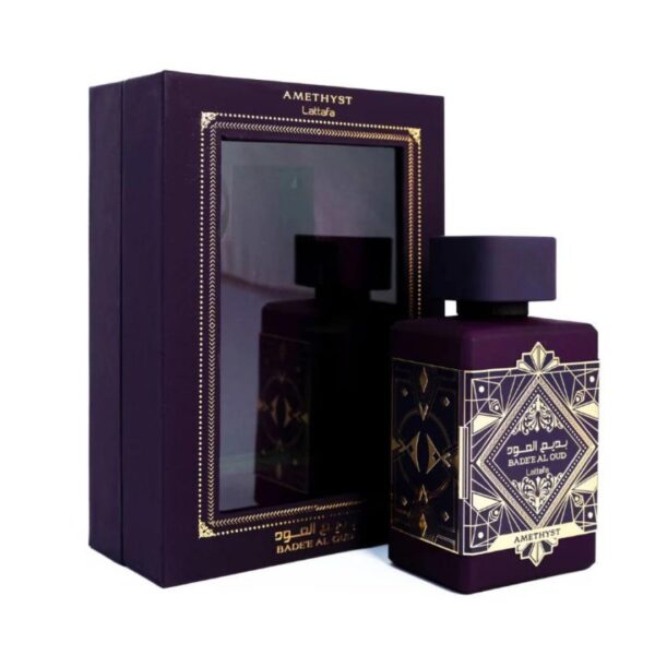 Lattafa Badee Al Oud Amethyst Eau De Parfum 100ml, a clear glass bottle with a purple cap and the Lattafa logo