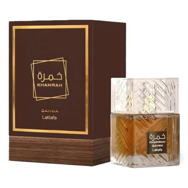 A perfume bottle labeled Lattafa Khamrah Qahwa, containing 100ml of fragrance.