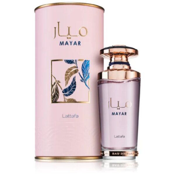 A pink glass bottle with a gold cap, containing Lattafa Mayar Eau De Parfum. The fragrance is a captivating blend of citrus, floral, and amber notes.