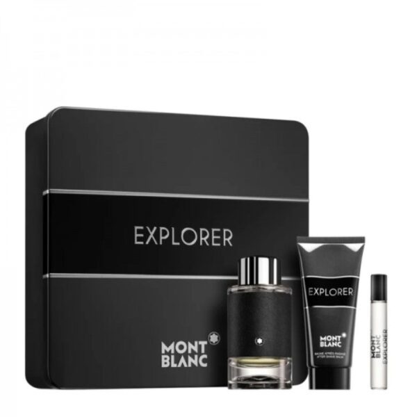 A luxury perfume gift set containing three 100ml bottles of Mont Blanc Explorer Eau De Parfum.