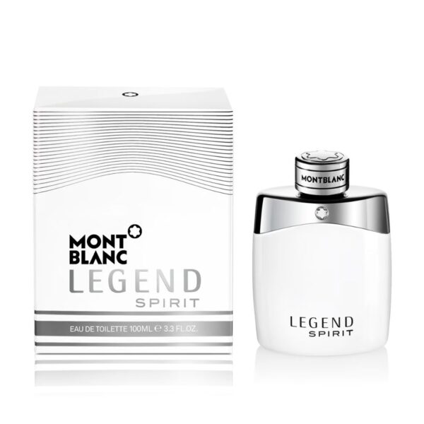 A bottle of Mont Blanc Legend Spirit Eau De Toilette, 100 ml, with a fresh, aromatic fragrance.