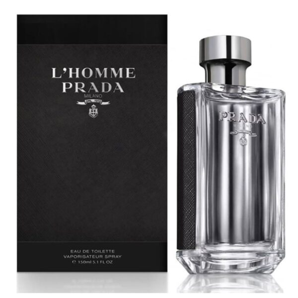 A glass perfume bottle with a black cap and a clear liquid, featuring the Prada Milano L'Homme logo.