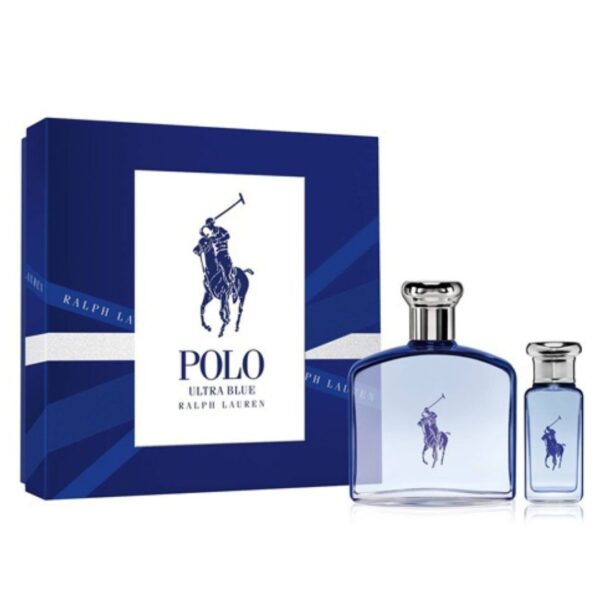 A luxury perfume gift set containing two 125ml bottles of Ralph Lauren Polo Ultra Blue Eau de Toilette.