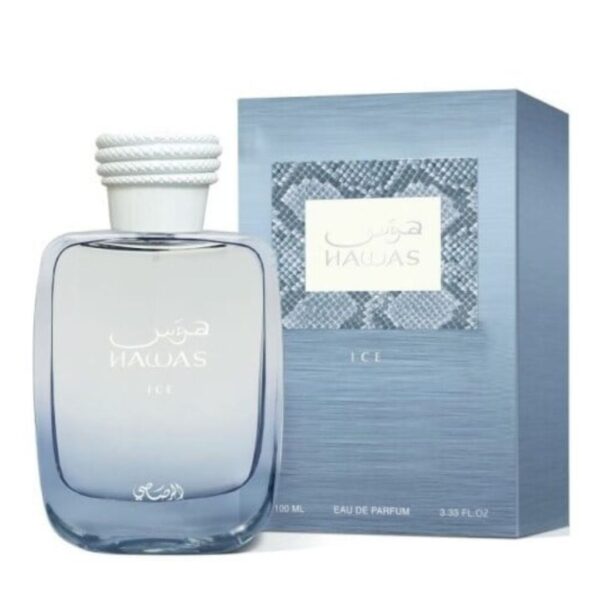 A blue glass bottle containing Rasasi Hawas Ice Eau De Parfum, 100 ml.