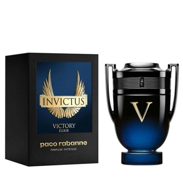 A glass perfume bottle of Paco Rabanne Invictus Victory Elixir Parfum Intense, containing 100 milliliters.