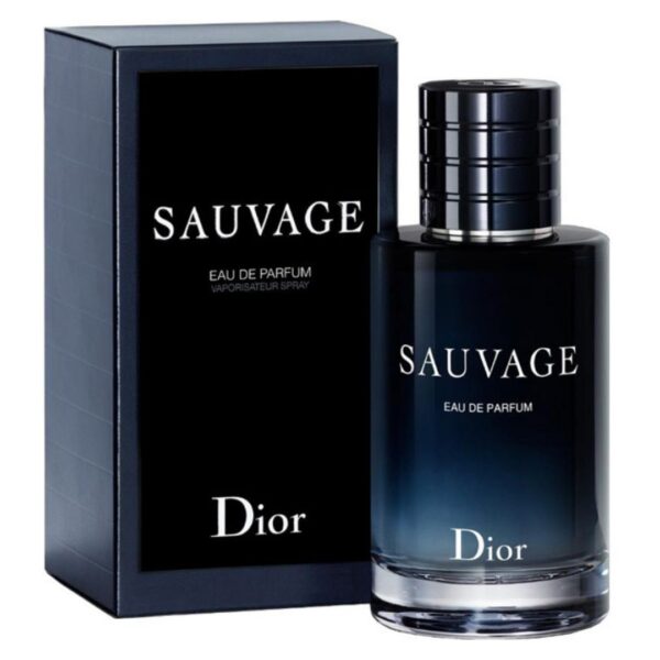 A luxurious bottle of Dior Sauvage Parfum, 100 ml, featuring a sleek black design with a silver cap. The fragrance is characterized by a bold and captivating blend of fresh citrus, warm spices, and comforting woods.