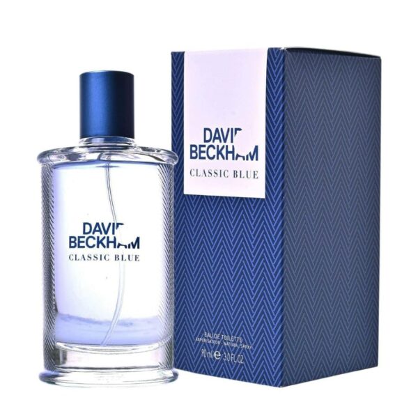 Glass bottle of David Beckham Classic Blue Eau De Toilette, 90 milliliters, with a blue hue