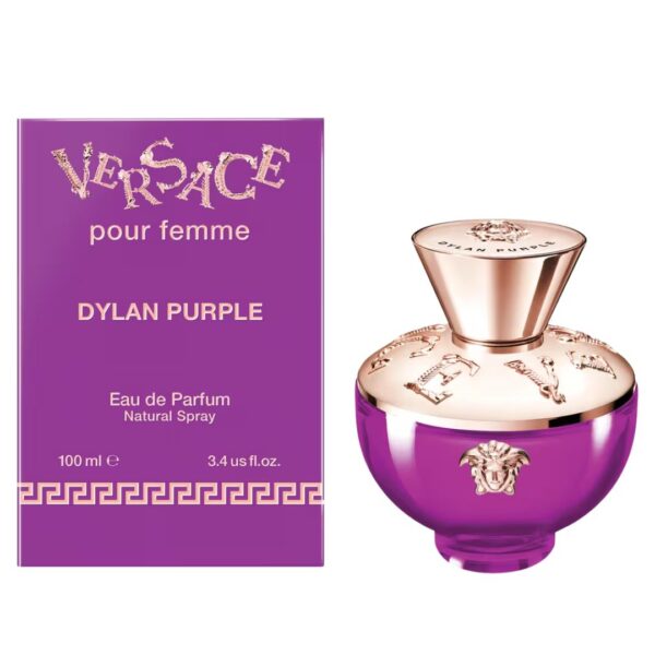 Flacon en verre violet intense de parfum Versace Dylan Purple Pour Femme, contenance de 100 millilitres