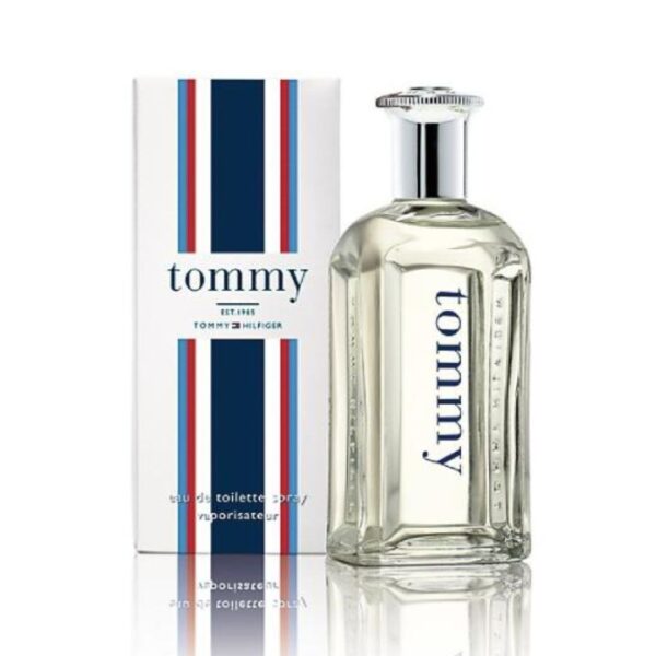 A glass perfume bottle with a blue liquid, featuring the Tommy Hilfiger logo.