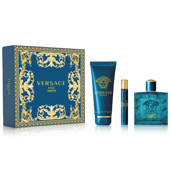 Versace Eros Eau De Parfum 100ml 3-piece gift set with a black bag, featuring a glass bottle with a gold cap and the Versace logo.