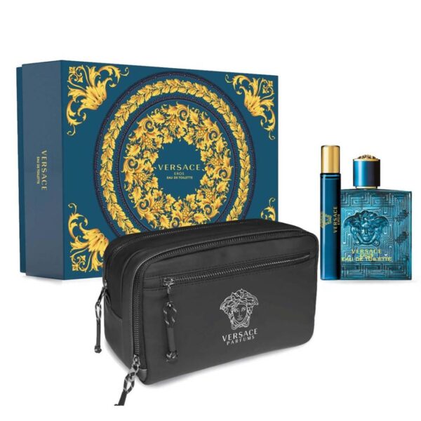 A gift set containing Versace Eros Eau De Toilette (100 ml), two additional products, and a gift bag.