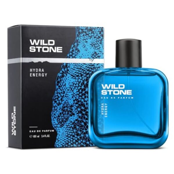 A glass perfume bottle with a blue liquid, featuring the Wild Stone Hydra Energy logo.